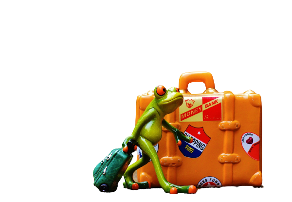 Žabac nosi zeleni kofer a iza njega je narandžasti kofer